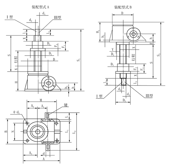 SWL2.5、SWL5、SWL10、SWL15、SWL20、SWL25、SWL35、SWL50、SWL100、SWL120、系列蜗轮丝杠升降机外形结构尺寸(2型)(JB/T8809—1998)