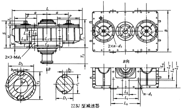 ZZBJ255、ZZBJ350、ZZBJ400、ZZBJ450型三环减速机外形及安装尺寸