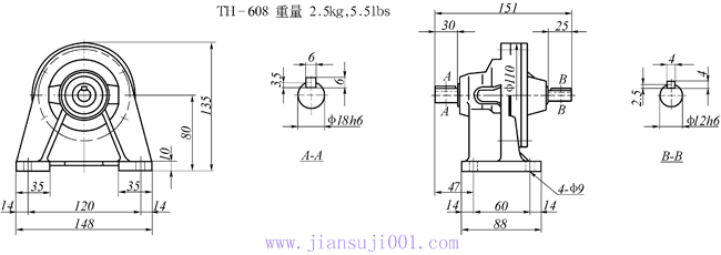 传仕600系列摆线针轮减速机单段双轴型减速机马达外形尺寸(TH607、TH608、TH609、TH610、TH611、TH612)