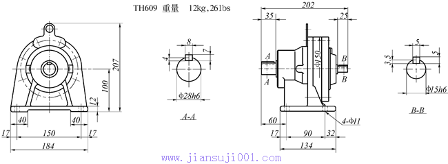 传仕600系列摆线针轮减速机单段双轴型减速机马达外形尺寸(TH607、TH608、TH609、TH610、TH611、TH612)