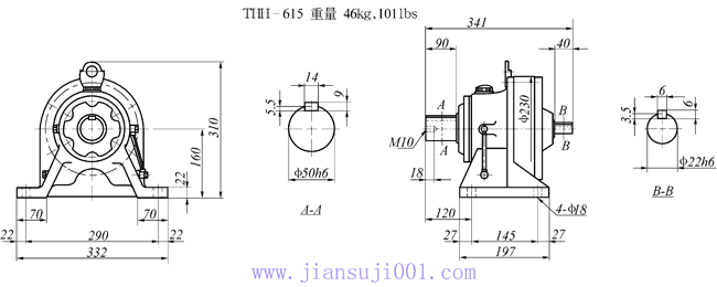 传仕600系列摆线针轮减速机单段双轴型减速机马达外形尺寸(THH613、THH614、THH615、THH616、THH617)