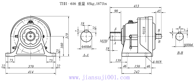 传仕600系列摆线针轮减速机单段双轴型减速机马达外形尺寸(THH613、THH614、THH615、THH616、THH617)