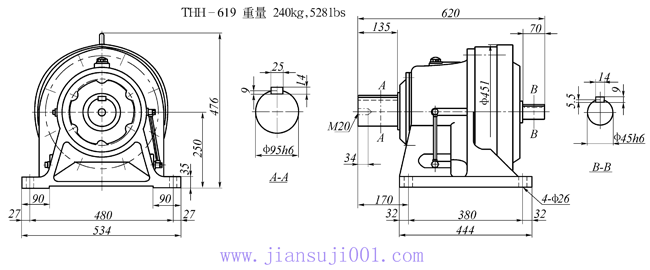 传仕600系列摆线针轮减速机单段双轴型减速机马达外形尺寸(THH618、THH619、THH620、THH621、THH622)