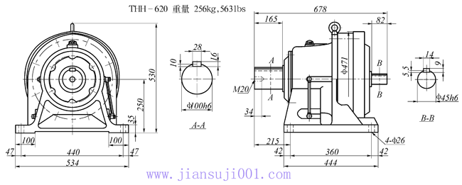 传仕600系列摆线针轮减速机单段双轴型减速机马达外形尺寸(THH618、THH619、THH620、THH621、THH622)