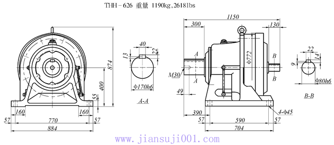 传仕600系列摆线针轮减速机单段双轴型减速机马达外形尺寸(THH623、THH624、THH625、THH626、THH627)