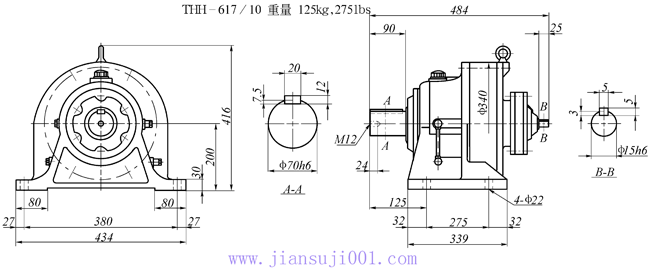 传仕600系列摆线针轮减速机双段双轴型减速机马达外形尺寸(THH616/09……)