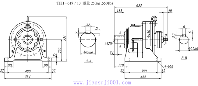 传仕600系列摆线针轮减速机双段双轴型减速机马达外形尺寸(THH618/10、THH618/13、THH619/11、THH619/13、THH620/11、THH620/13)