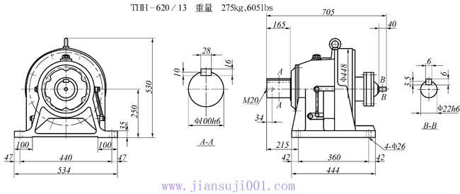 传仕600系列摆线针轮减速机双段双轴型减速机马达外形尺寸(THH618/10、THH618/13、THH619/11、THH619/13、THH620/11、THH620/13)