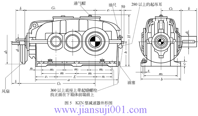 KZN型圆柱齿轮减速器的外形及安装尺寸