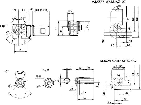 MJAZ37……系列弧齿锥齿轮硬齿面减速电机安装结构尺寸图表