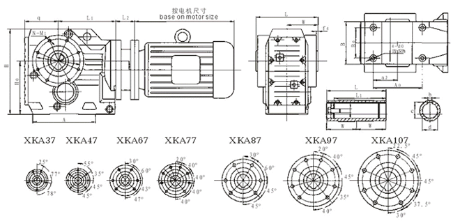 XKA37、XKA47、XKA67、XKA77、XKA87、XKA97、XKA107系列螺旋傘齒輪減速機(jī)安裝尺寸